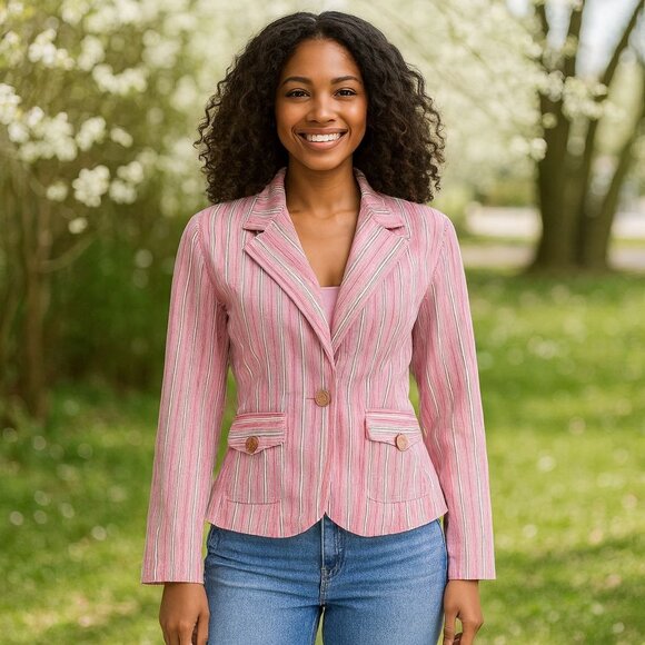 New Identity Pink Striped Blazer Cotton SZ M Academia Preppy Cottagecore Spring - Picture 4 of 9